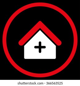 Hospital vector icon. Style is bicolor flat circled symbol, red and white colors, rounded angles, black background.