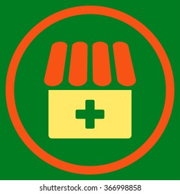 Hospital vector icon. Style is bicolor flat circled symbol, orange and yellow colors, rounded angles, green background.