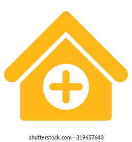 Hospital vector icon. Style is flat symbol, yellow color, rounded angles, white background.