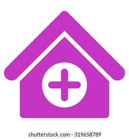 Hospital vector icon. Style is flat symbol, violet color, rounded angles, white background.
