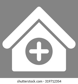 Hospital vector icon. Style is flat symbol, white color, rounded angles, gray background.