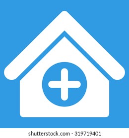 Hospital vector icon. Style is flat symbol, white color, rounded angles, blue background.