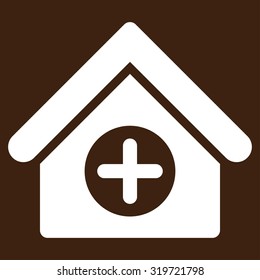 Hospital vector icon. Style is flat symbol, white color, rounded angles, brown background.