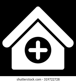 Hospital vector icon. Style is flat symbol, white color, rounded angles, black background.