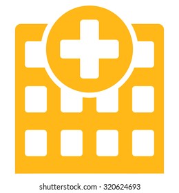 Hospital vector icon. Style is flat symbol, yellow color, rounded angles, white background.