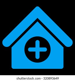 Hospital vector icon. Style is flat symbol, blue color, rounded angles, black background.
