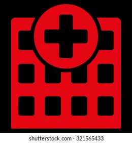 Hospital vector icon. Style is flat symbol, red color, rounded angles, black background.