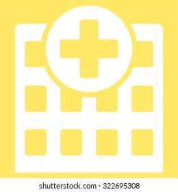 Hospital vector icon. Style is flat symbol, white color, rounded angles, yellow background.