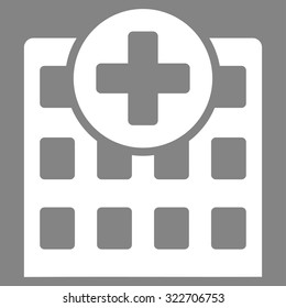 Hospital vector icon. Style is flat symbol, white color, rounded angles, gray background.