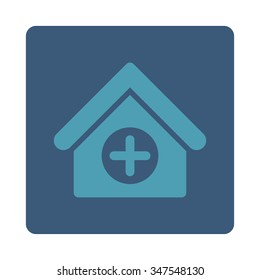 Hospital vector icon. Style is flat rounded square button, cyan and blue colors, white background.