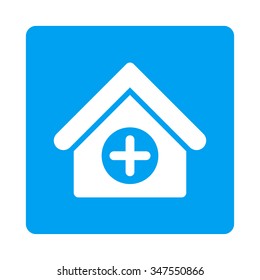 Hospital vector icon. Style is flat rounded square button, white and blue colors, white background.