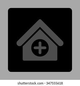 Hospital vector icon. Style is flat rounded square button, gray and black colors, silver background.