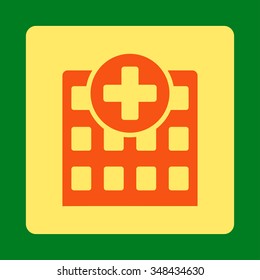 Hospital vector icon. Style is flat rounded square button, orange and yellow colors, green background.