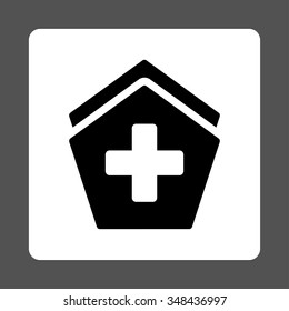 Hospital vector icon. Style is flat rounded square button, black and white colors, gray background.