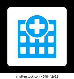 Hospital vector icon. Style is flat rounded square button, blue and white colors, black background.