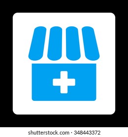 Hospital vector icon. Style is flat rounded square button, blue and white colors, black background.