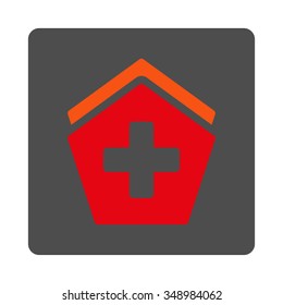 Hospital vector icon. Style is flat rounded square gray button with red symbol, white background.