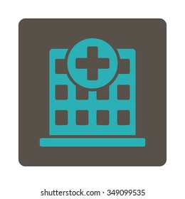 Hospital vector icon. Style is flat rounded square button, cyan and grey colors, white background.