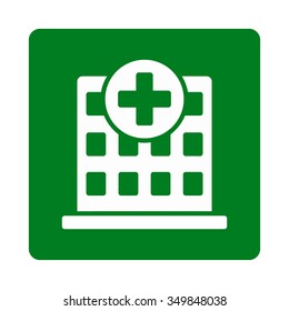 Hospital vector icon. Style is flat rounded square button, white and green colors, white background.
