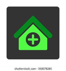Hospital vector icon. Style is flat rounded square dark gray button, green symbol, white background.