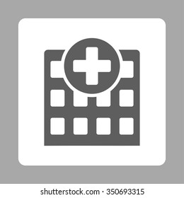 Hospital vector icon. Style is flat rounded square button, dark gray and white colors, silver background.