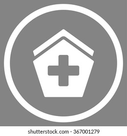 Hospital vector icon. Style is flat circled symbol, white color, rounded angles, gray background.
