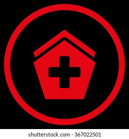 Hospital vector icon. Style is flat circled symbol, red color, rounded angles, black background.