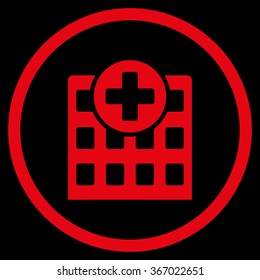 Hospital vector icon. Style is flat circled symbol, red color, rounded angles, black background.