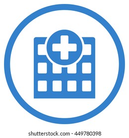 Hospital vector icon. Style is flat circled symbol, cobalt color, rounded angles, white background.
