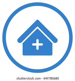 Hospital vector icon. Style is flat circled symbol, cobalt color, rounded angles, white background.