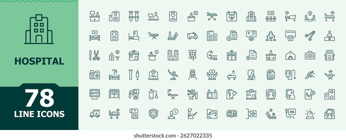 Conjunto de iconos de línea de Vector hospitalario. Incluye atención médica, farmacia, médico, médico y más. Centro Médico colección de iconos lineales. Paquete de iconos mínimos. Arte vectorial de trazo editable.