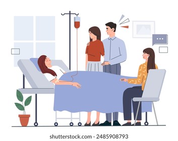 Hospital visit concept. Young girl lies in hospital room, her family supports her daughter. Health care and medicine, treatment of patient. Cartoon vector illustration isolated on white background