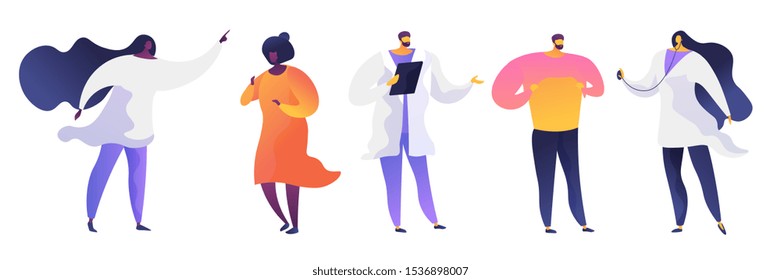 Hospital visit flat vector illustrations set. Doctors in white coats and patients cartoon characters. Professional consultation, healthcare service. Therapist with stethoscope. Medical clinic staff