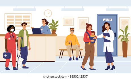 Hospital visiting. Ambulance clinic, doctor in waiting room consult patients. Healthcare worker, adult kids need help swanky vector concept