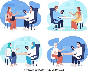 Hospital visiting during pandemic 2D vector isolated illustrations set. Consultation with physician flat characters on cartoon background. Wearing mask to doctor appointment colourful scene collection