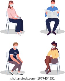 Hospital Visitors In Masks Flat Color Vector Faceless Characters Set. Medical Appointment. Clinic Waiting Room Experience Isolated Cartoon Illustrations Collection For Web Graphic Design And Animation