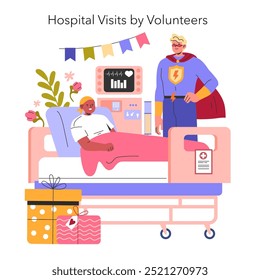 Conceito de visitas hospitalares por voluntários. Uma visita reconfortante de um herói com capas a um paciente em um quarto de hospital, com presentes e decorações. Ilustração vetorial.