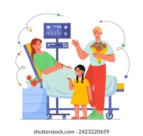 Hospital visits concept. Man with daughter come to his wife. Young guy with bouquet visting patient. Health care and medicine, treatment. Cartoon flat vector illustration isolated on white background