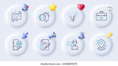 Hospital, Voting ballot and Certified refrigerator line icons. Buttons with 3d bell, chat speech, cursor. Pack of Person talk, Architectural plan, First aid icon. Vector