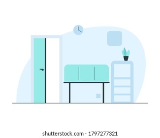 Hospital waiting hall interior. Vector concept illustration of a modern hospital corridor interior with locker, plant, couch, bench, wall clock and open door in the consulting room