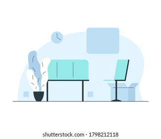 Hospital waiting room interior. Vector concept illustration of waiting hall in the hospital with bench, chair, wall clock, plant in a flowerpot. Modern interior of a hospital ward