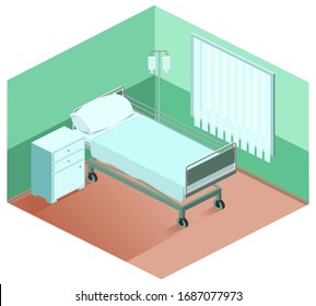 Hospital ward bed, bedside table, dropper. Medical equipment 3d isometric vector illustration