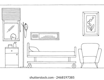 Vector de ilustración de boceto interior blanco negro del pabellón del hospital 