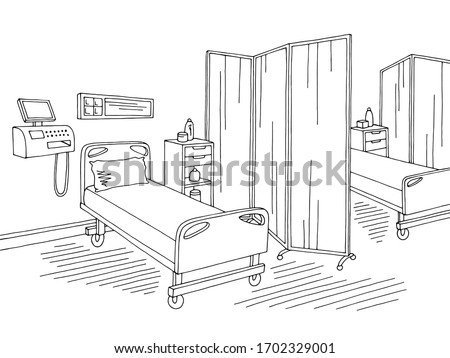 Hospital ward intensive care unit graphic black white interior sketch illustration vector