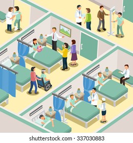 hospital ward interior in 3d isometric flat design 