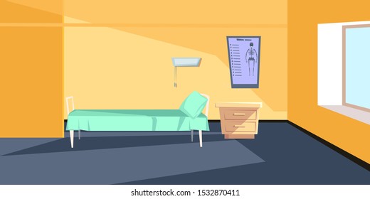 Hospital ward interior flat vector illustration. Intensive therapy furnishing. Empty sickroom with bed and drawers chest. Clinic room design with hanging poster on orange wall. Healthcare concept