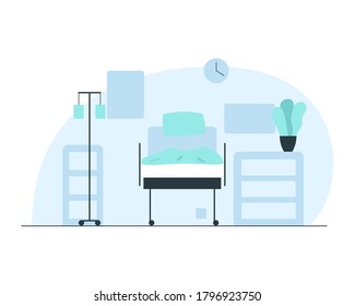 Hospital ward interior. Vector concept illustration of an empty hospital ward interior with bed, lockers, dropper and plant in a flowerpot. Concept of hospital rooms atmosphere and equipment