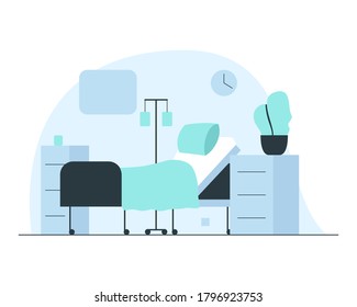 Hospital ward interior. Vector concept illustration of a modern hospital ward interior with bed, lockers, dropper and plant in a flowerpot. Concept of hospital rooms atmosphere and equipment