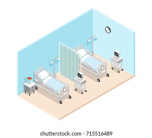 Hospital ward isometric interior with  specialized medical beds for bedridden patients dropper and cardiograph vector illustration 