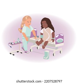 hospital ward, orthopedic doctor with patient, children's clinic website design, cast and treatment